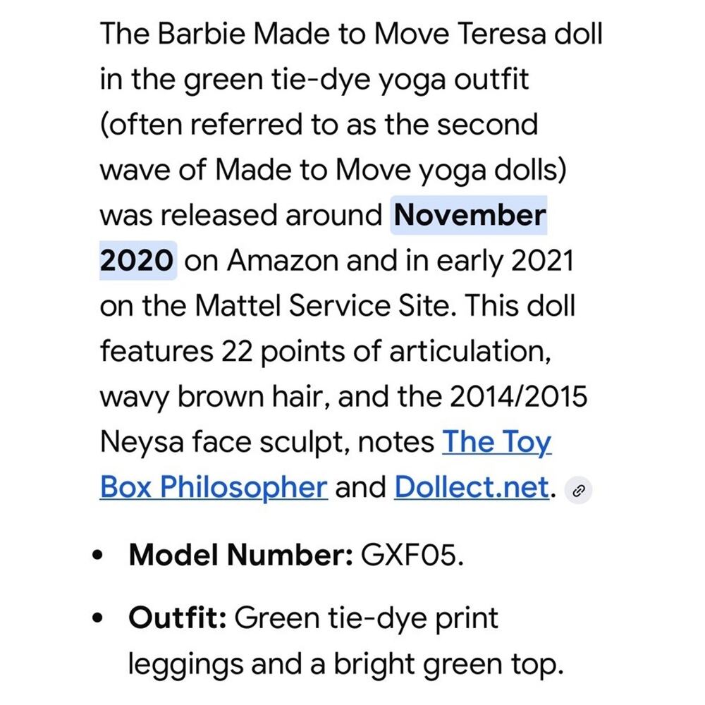 Teresa Barbie Doll Made to Move Doll Yoga 2020 Articulated Green Top No Clothes - Picture 4 of 9